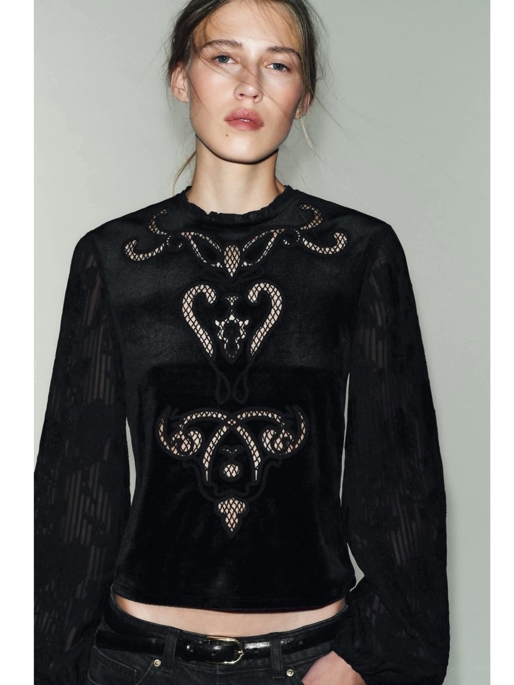 New ZARA Embroidered Velvet Long Sleeve Blouse Top Black Women's Size Small Puff